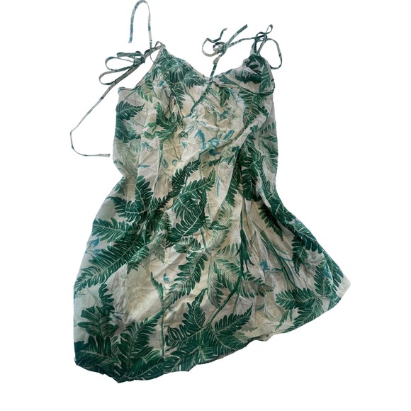 H&M Green Leaf Print Sleeveless Tie Strap Mini Dress Size S Summer Casual - Picture 1 of 3
